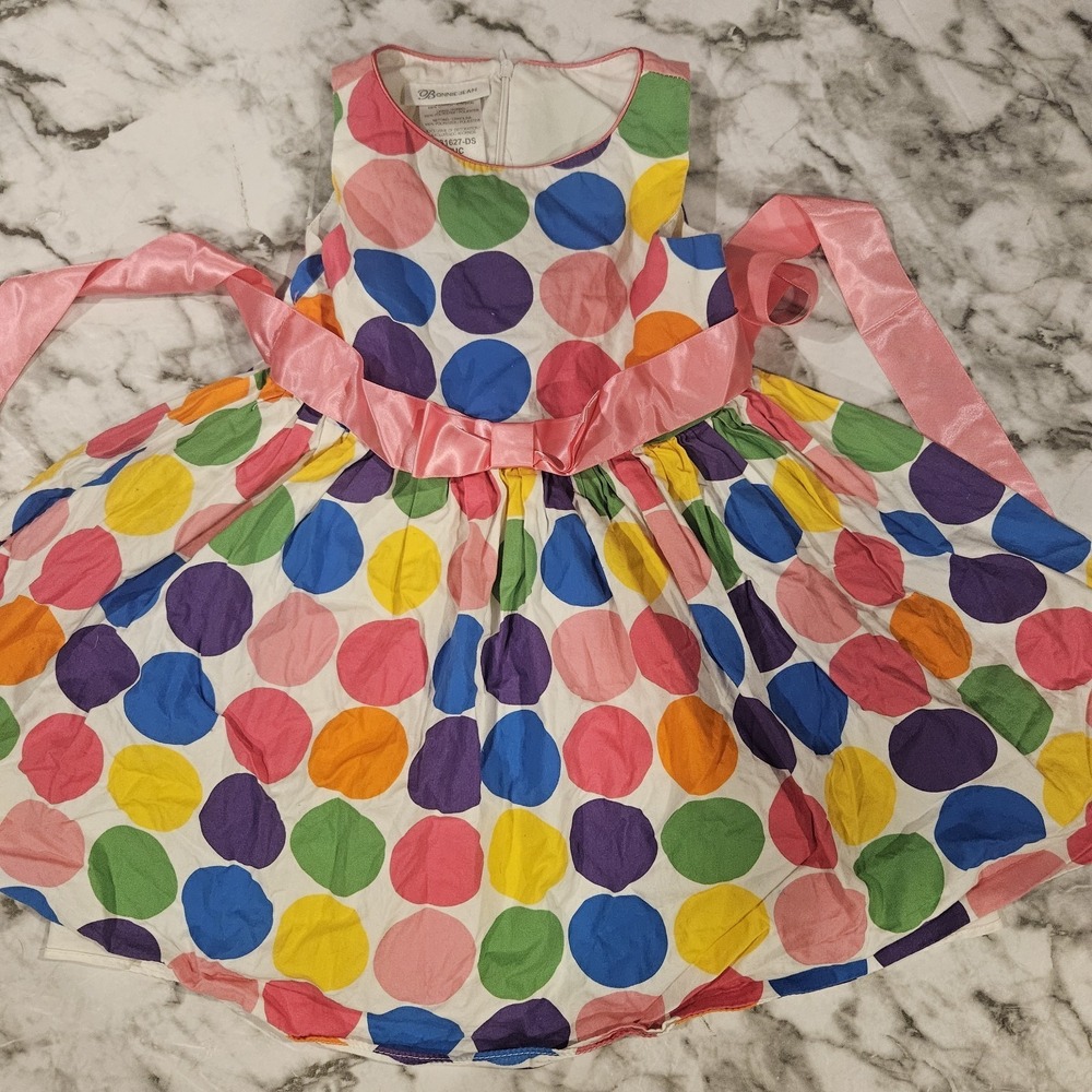 Bonnie Jean Girls Colorful Polka Dot Party Dress Size 4 Tie‎ Back Easter Spring